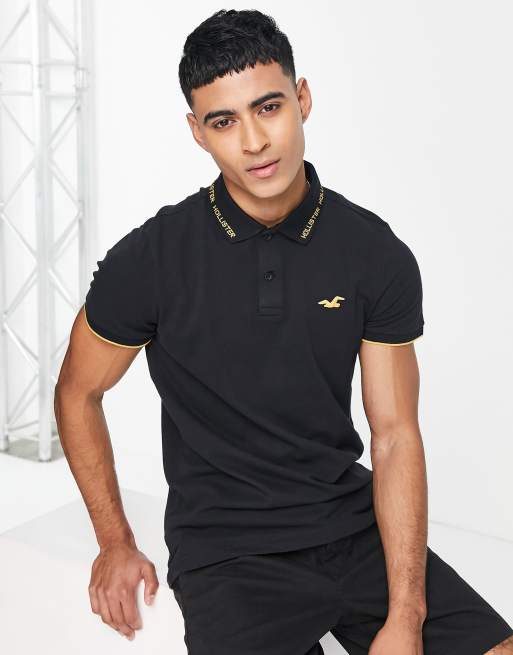 Hollister - Icon and Sport - Polo in piqué nero con logo e bordi a contrasto