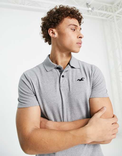 Hollister icon and sport sleeve logo pique polo in grey marl