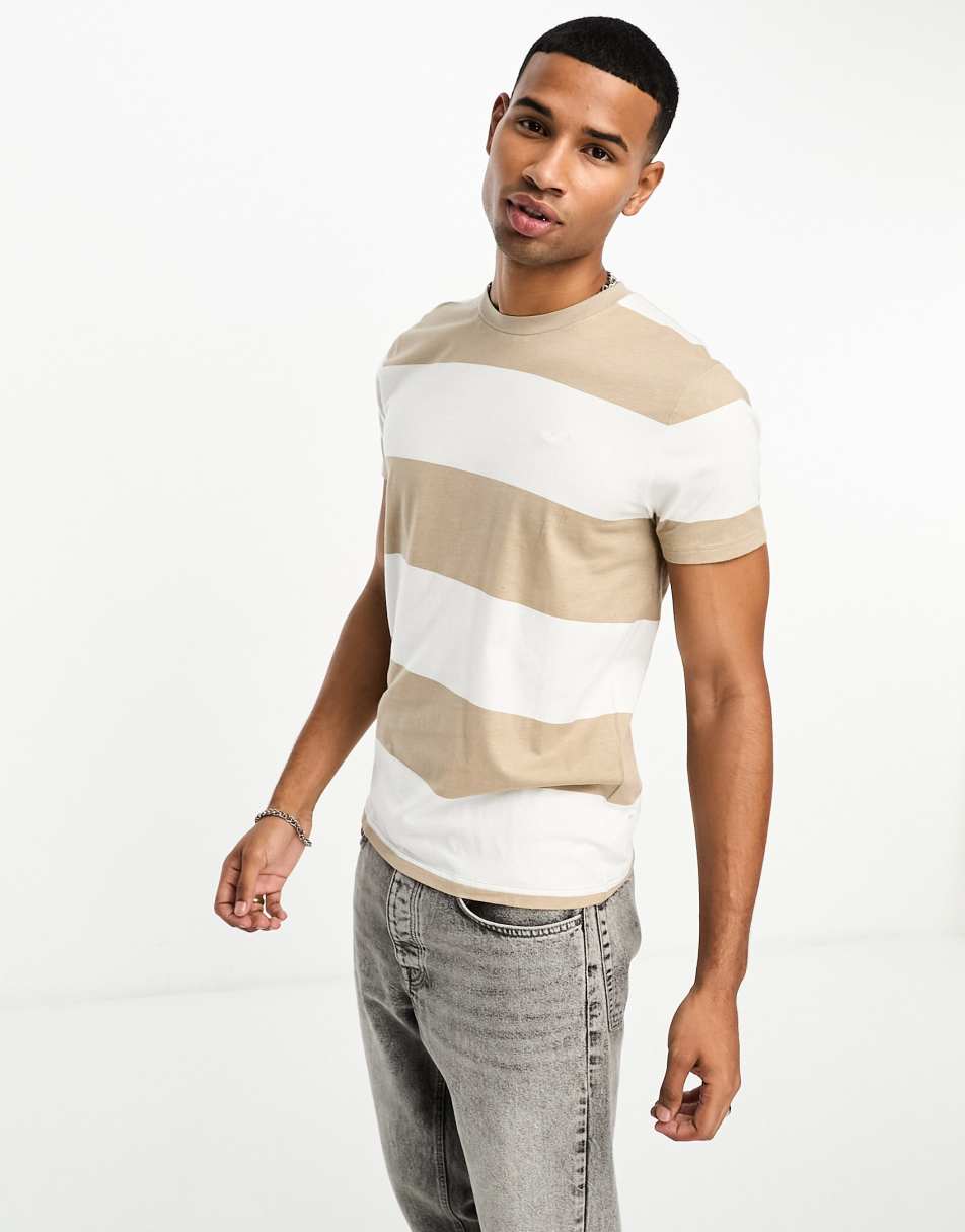 Hollister icon logo block stripe t-shirt in white/tan