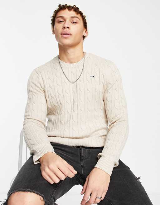 Hollister icon logo cable knit jumper in sand ASOS