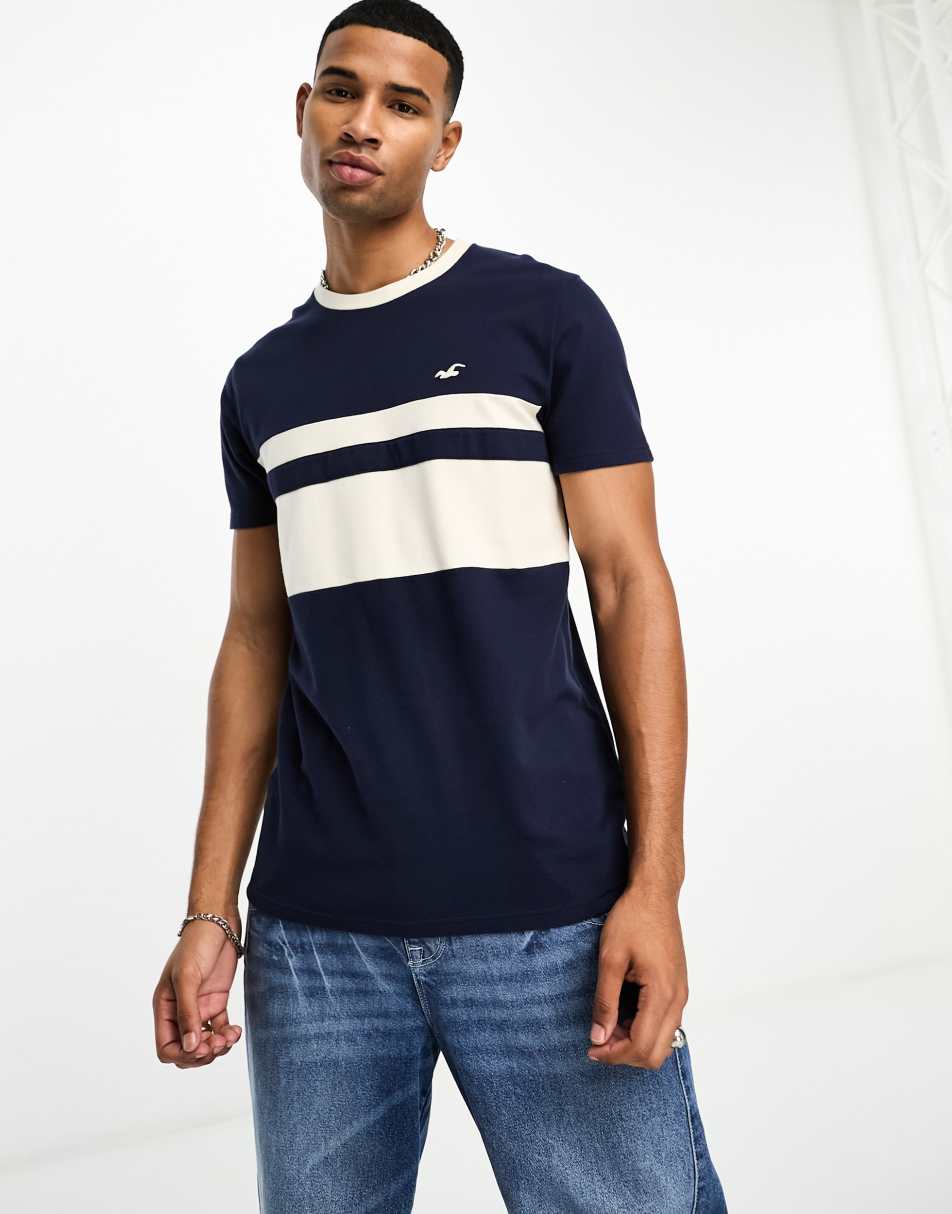Hollister icon logo chest stripe muscle fit pique t-shirt in navy