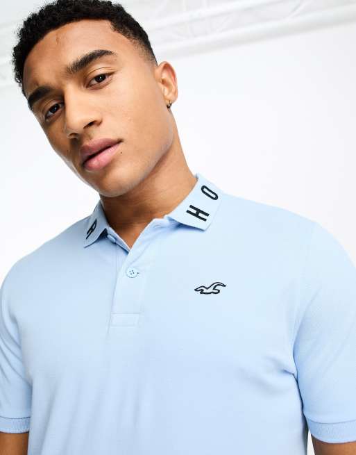 Hollister icon & logo collar pique polo in light blue