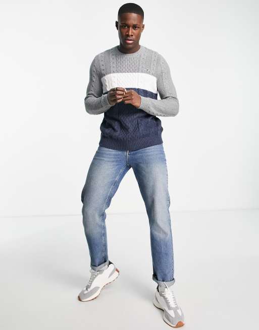 Hollister icon logo color block heavyweight cable knit sweater in navy gray