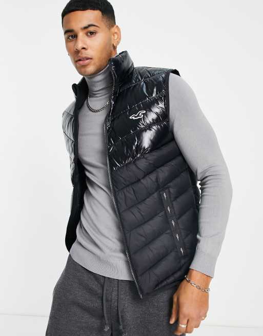 Hollister icon logo color block puffer vest in black/gray | ASOS