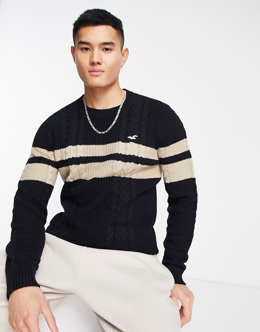 Hollister Icon Logo Colourblock Heavyweight Cable Knit Jumper In Black