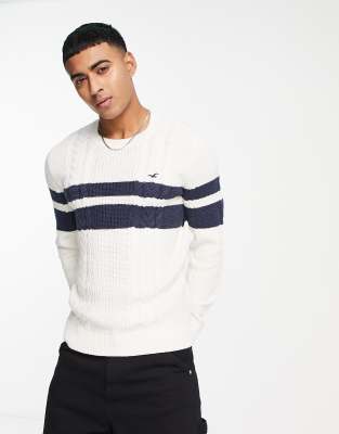 Hollister Icon Logo Colourblock Heavyweight Cable Knit Jumper In Cream ...