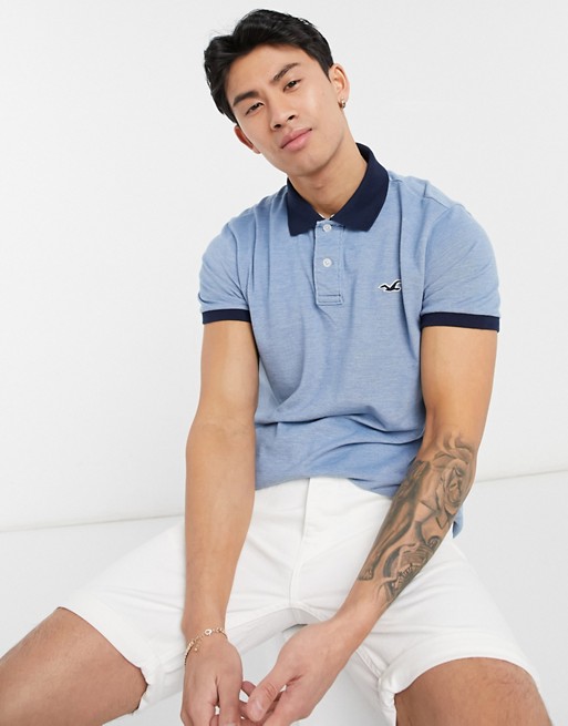 Hollister icon logo contrast collar slim fit pique polo in blue