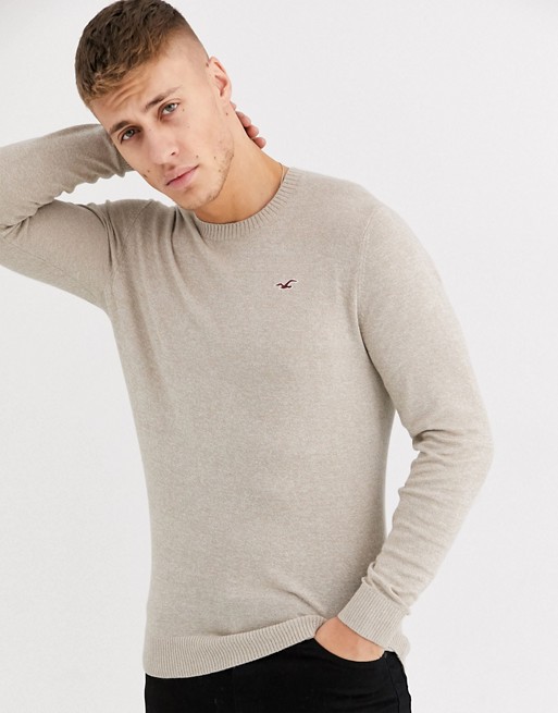 Hollister icon logo core crewneck knit jumper in light brown marl