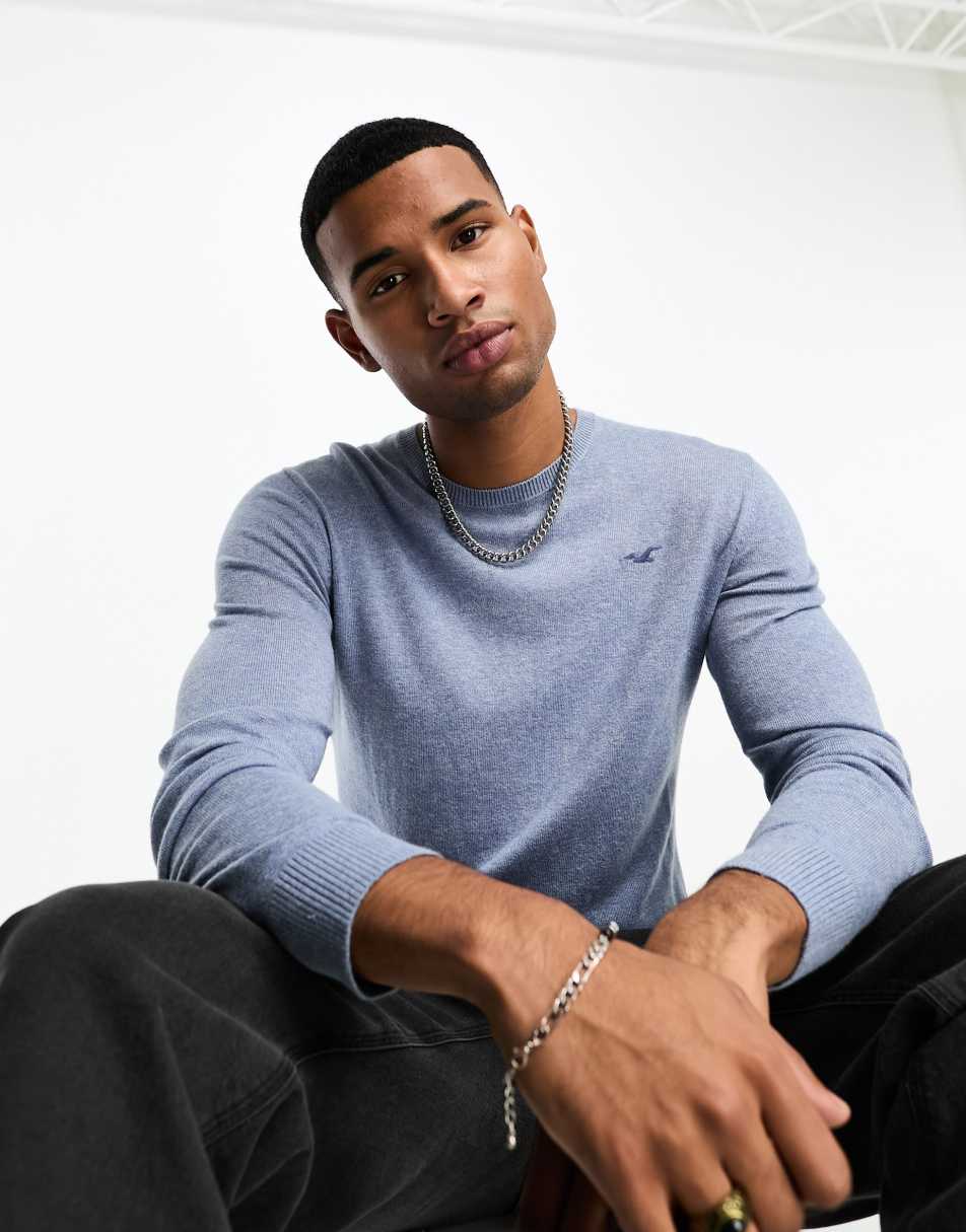 Hollister icon logo crewneck knit jumper in blue