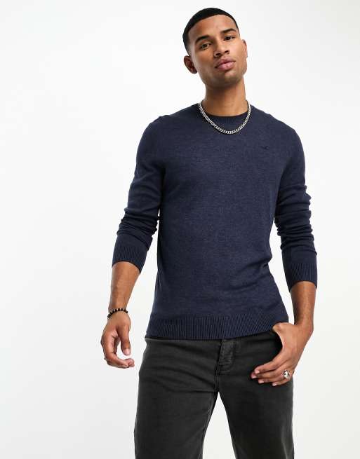 Hollister icon logo crewneck knit jumper in navy | ASOS