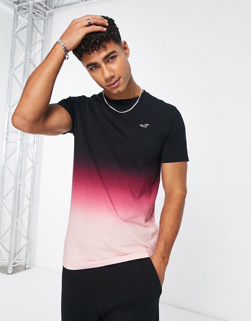 Hollister icon logo curved hem ombre t-shirt in black/pink