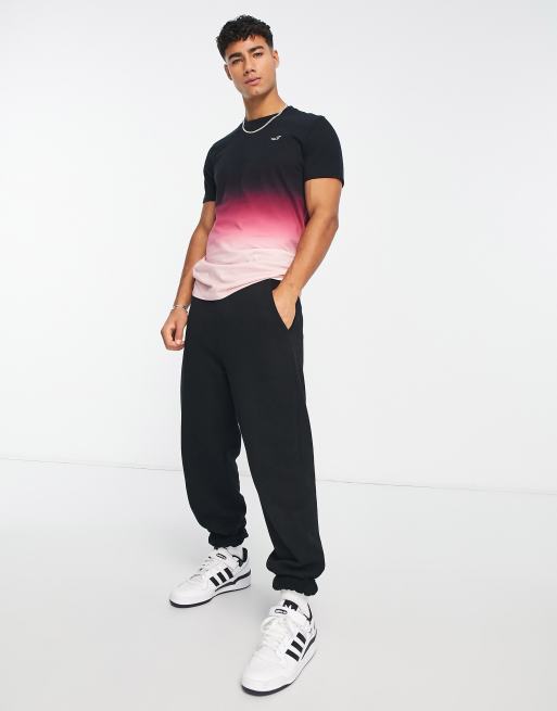 Hollister icon logo curved hem ombre t-shirt in black/pink