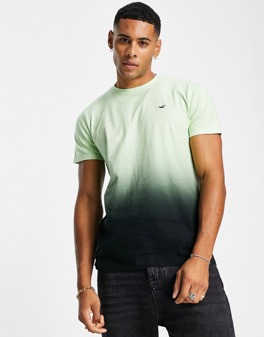 Hollister icon logo curved hem ombre T-shirt in green/black