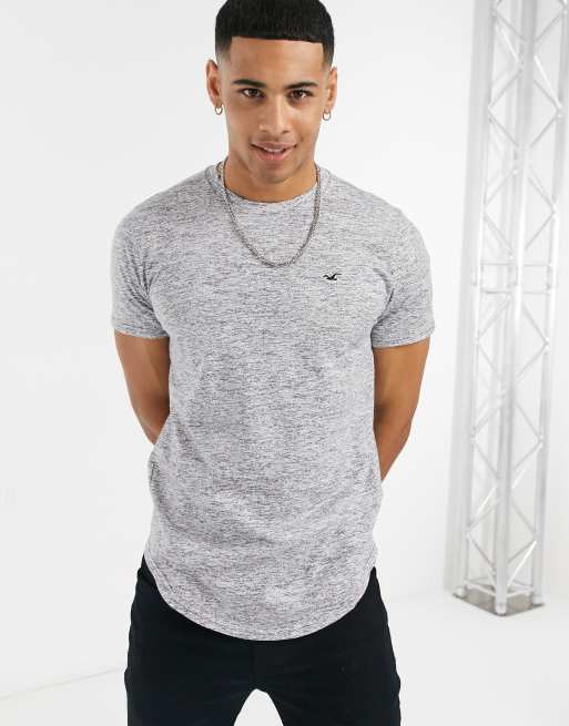 Hollister icon logo curved hem t shirt in grey marl