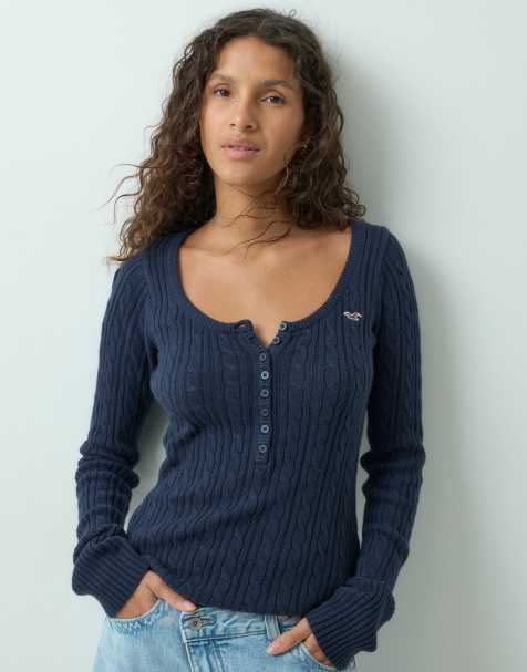 Hollister icon logo figurnära stickad henley-topp i marinblått - view 1