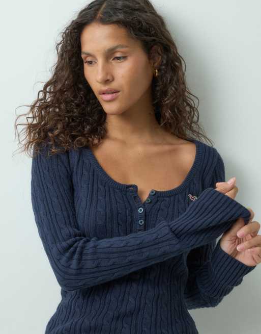 Hollister icon logo figurnära stickad henley-topp i marinblått, 4 av 5