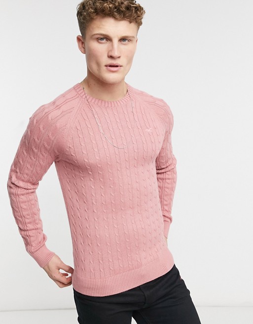 Hollister icon logo fine gauge cable knit jumper in pink