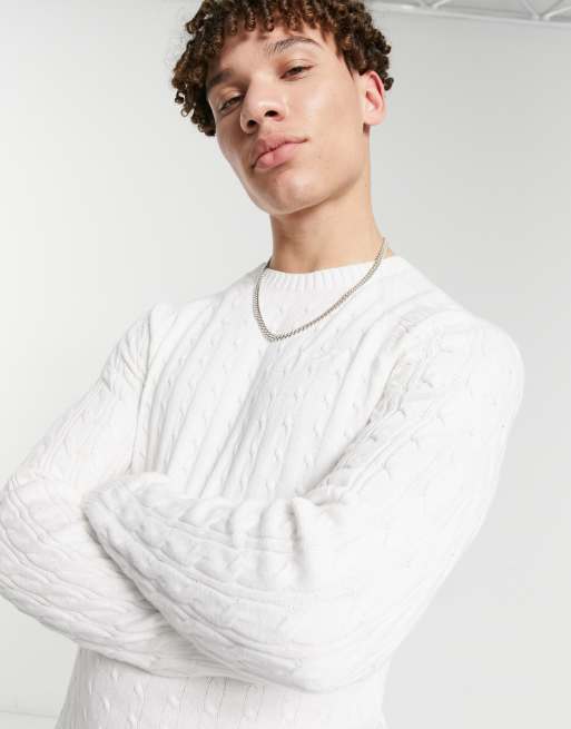 Hollister icon logo fine gauge cable knit jumper in white ASOS