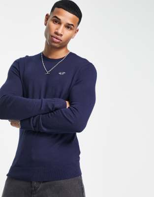 Hollister icon logo fine gauge knit jumper in navy