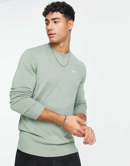 Hollister icon logo fine gauge knit jumper in sage green