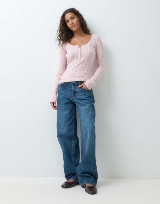 Hollister icon logo fitted knitted henley top in baby pink, 2 of 5