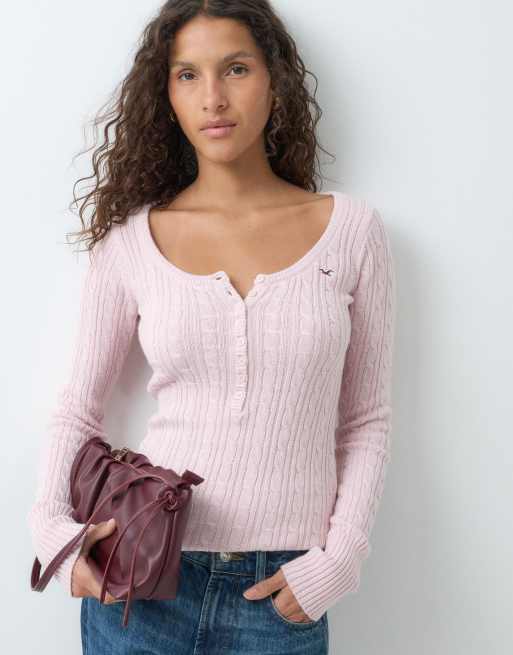 Hollister icon logo fitted knitted henley top in baby pink, 4 of 5