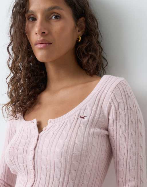 Hollister icon logo fitted knitted henley top in baby pink, 5 of 5