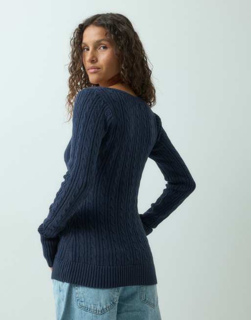Hollister icon logo fitted knitted henley top in navy, 3 of 5