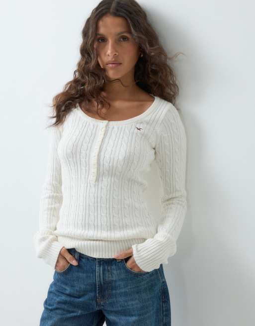 Hollister icon logo fitted knitted henley top in white, 1 of 5