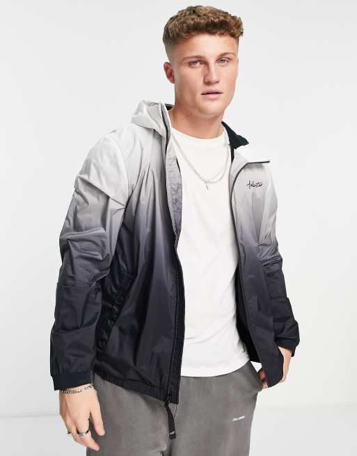 Hollister icon logo fleece lined ombre hooded jacket in black/white