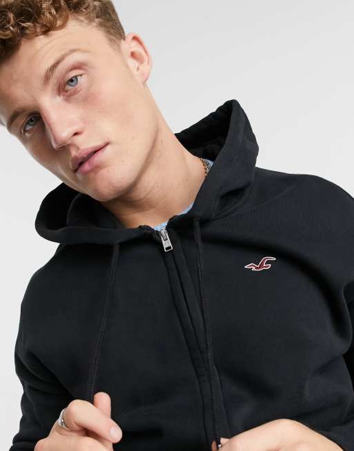 Hollister icon logo full zip hoodie in black ASOS