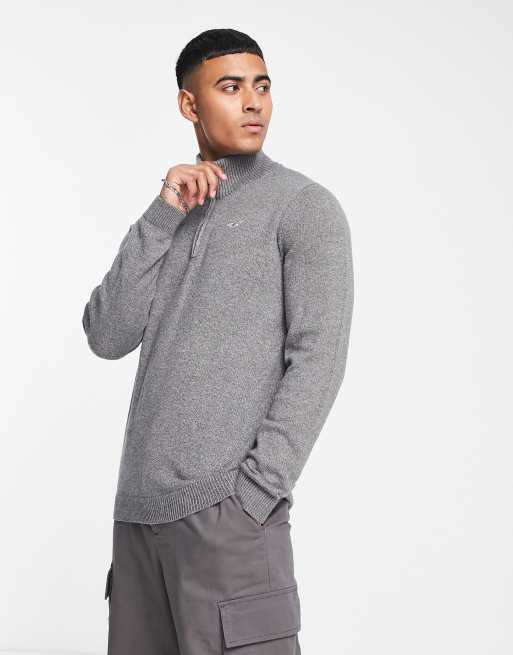 Hollister icon logo half zip knit jumper in dark grey