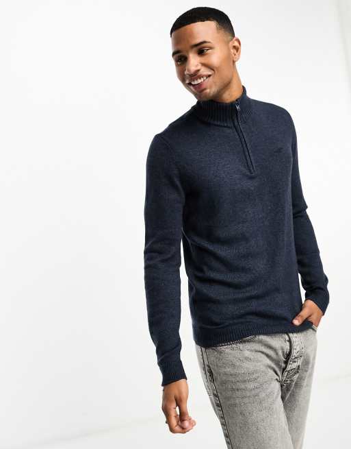 Hollister icon logo half zip knit jumper in navy | ASOS