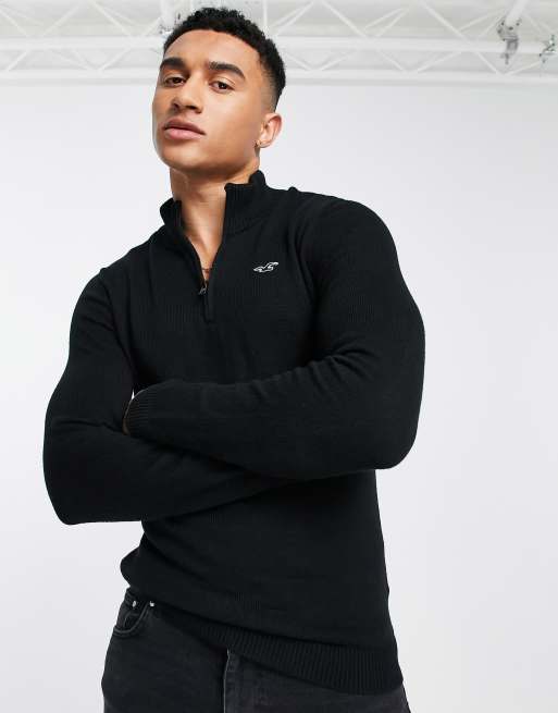 Hollister icon logo half zip knit sweater in black | ASOS