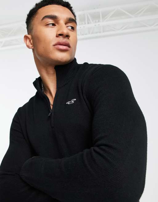 Hollister icon logo half zip knit sweater in black