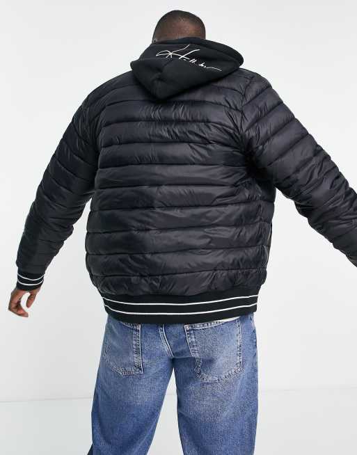 Hollister hooded puffer jacket icon logo in black deals