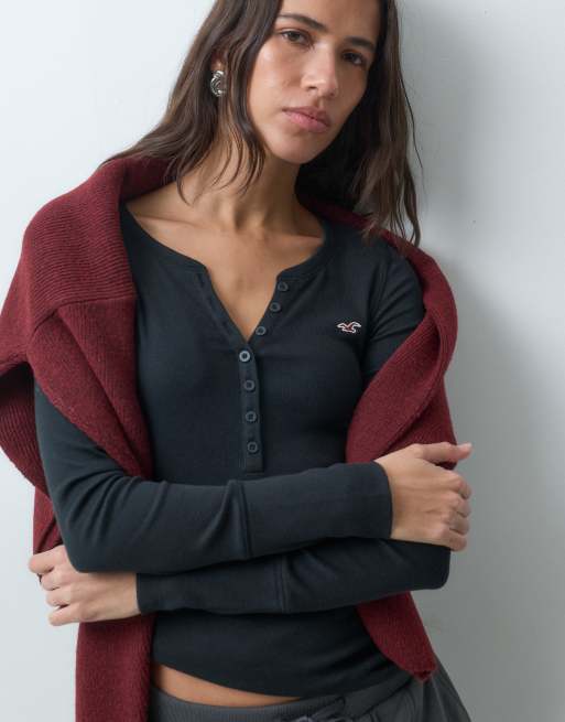 Hollister icon logo långärmad henley-topp i svart, 1 av 4