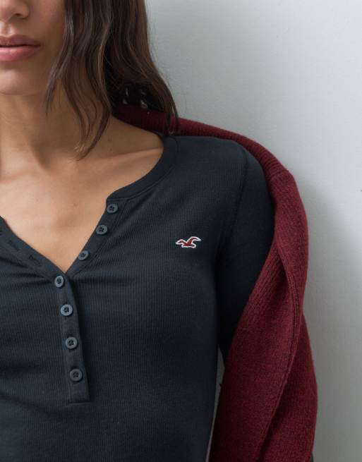 Hollister icon logo långärmad henley-topp i svart, 3 av 4