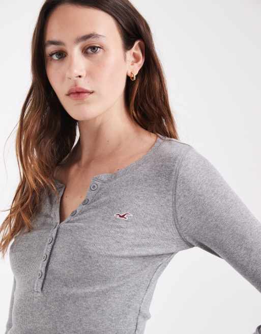 Hollister icon logo langærmet henley-top i grå, 1 af 4
