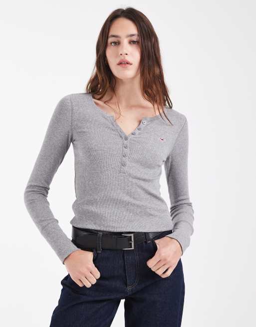 Hollister icon logo langærmet henley-top i grå, 2 af 4