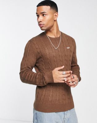 Hollister icon logo lightweight cable knit jumper in brown