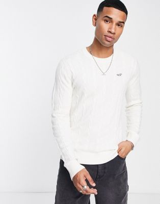 Hollister icon logo lightweight cable knit jumper in cream