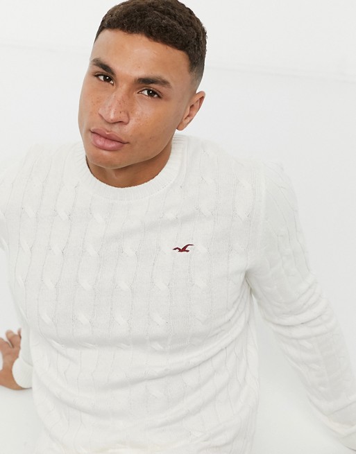Hollister icon logo lightweight cable knit jumper in cream