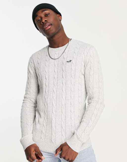 Hollister icon logo lightweight cable knit jumper in light grey