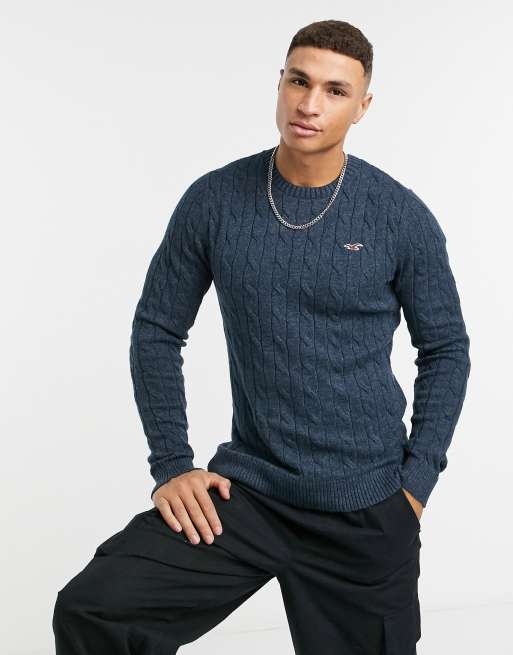 Hollister icon logo lightweight cable knit jumper in navy marl ASOS