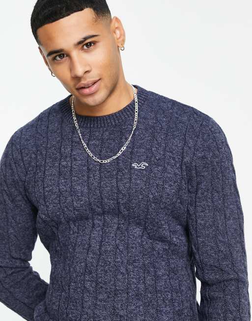 Hollister icon logo lightweight cable knit jumper in navy ASOS