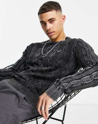 Hollister icon logo lightweight cable knit sweater in black