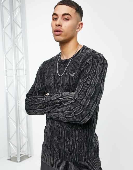 Hollister icon logo lightweight cable knit sweater in black