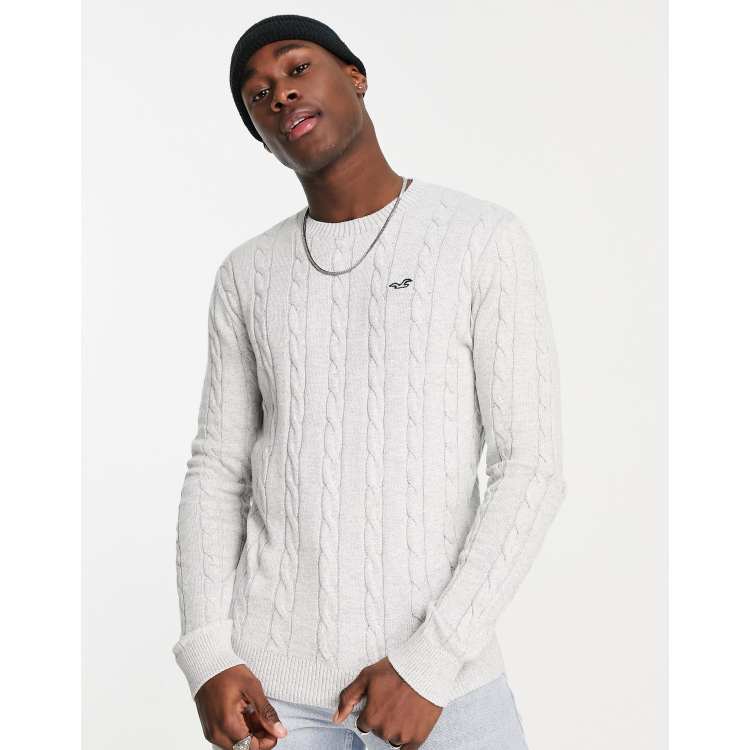 Hollister icon cable knit sweater in light gray