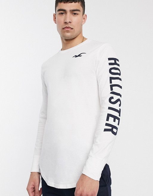 Hollister icon logo long sleeve arm and back print top in white